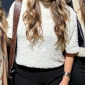White Sequin Short Sleeve Top
